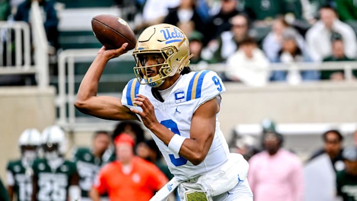 UCLA's Nico Iamaleava throws a pass against Michigan State during the third quarter on Saturday, Oct. 11, 2025, at Spartan Stadium in East Lansing.