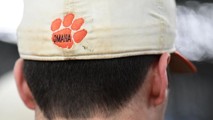 Clemson sophomore pitcher Davis Sharpe wears his hat with \"Omaha\" on the back, during batting practice at the first official team Spring practice at Doug Kingsmore Stadium in Clemson Friday, January 24, 2020.