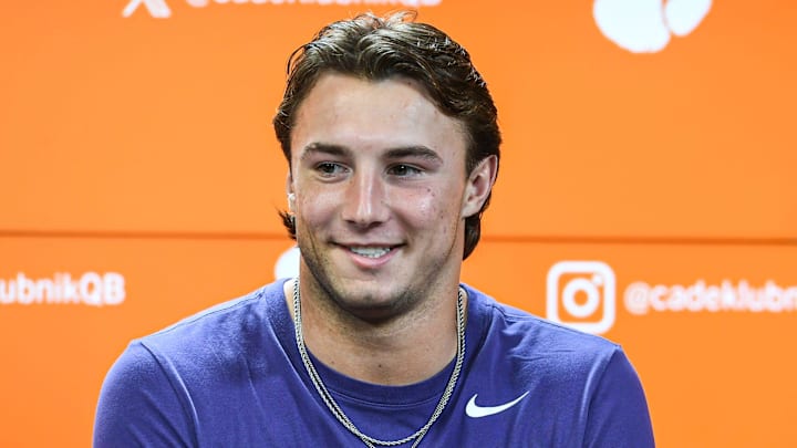 Clemson quarterback Cade Klubnik with media during a press conference at the Smart Family Media Center in Clemson, S.C. Wednesday, September 4, 2024. Clemson plays Appalachian State September 7.