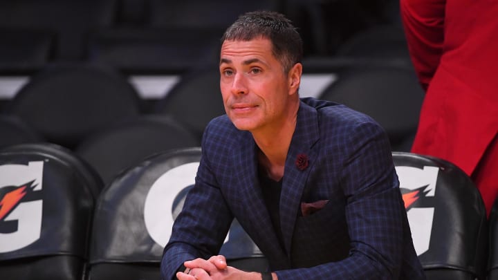 Jan 1, 2020; Los Angeles, California, USA;  Los Angeles Lakers general manager Rob Pelinka looks on during warm up for the game against the Phoenix Suns at Staples Center. Mandatory Credit: Jayne Kamin-Oncea-USA TODAY Sports