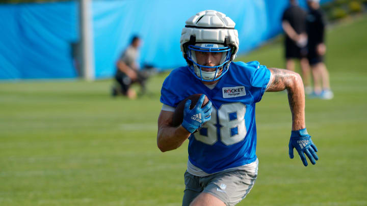 Detroit Lions wide receiver Kaden Davis works on his route running during catch and run drills at practice at the Detroit Lions practice facility in Allen Park on Wednesday, July 31, 2024.