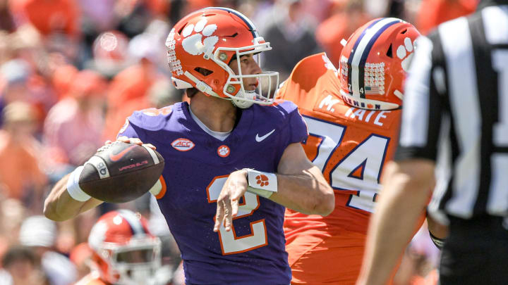 Apr 6, 2024; Clemson, South Carolina, USA; Clemson Tigers quarterback Cade Klubnik (2) drops back to pass during the first quarter of the Clemson spring football game at Memorial Stadium. Mandatory Credit: Ken Ruinard-USA TODAY Sports