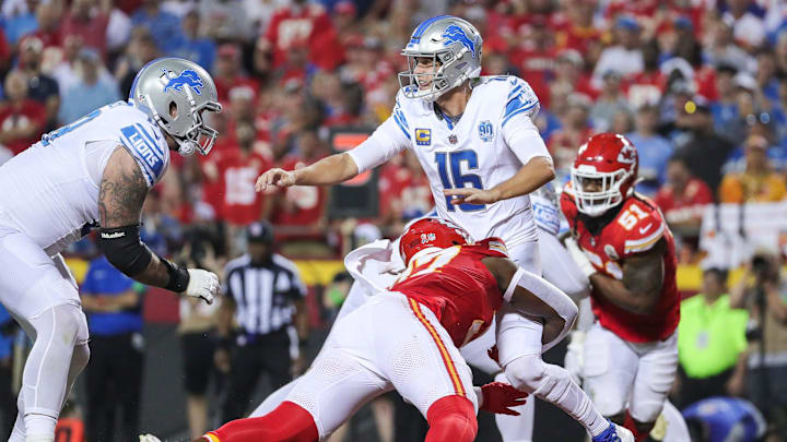 Lions quarterback Jared Goff makes a pass against the Chiefs during the second half of the Lions' 21-20 win on Thursday, Sept. 7, 2023, in Kansas City, Missouri. Lions quarterback Jared Goff makes a pass against the Chiefs during the second half of the Lions' 21-20 win on Thursday, Sept. 7, 2023, in Kansas City, Missouri.