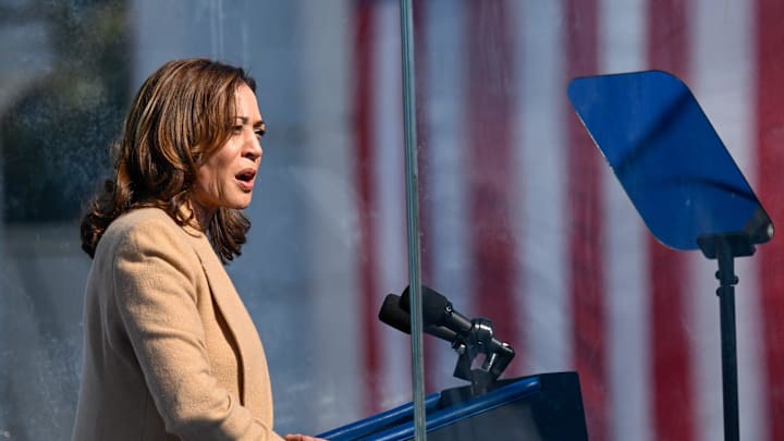 Democratic presidential candidate and Vice President Kamala Harris addresses supporters at Throwback Brewery in North Hampton, Wednesday, Sept. 4, 2024.