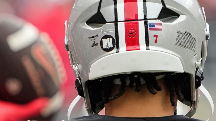 Ohio State Buckeyes quarterback C.J. Stroud (7) wears a sticker for Dwayne Haskins on his helmet during the spring football game at Ohio Stadium in Columbus on April 16, 2022.

Ncaa Football Ohio State Spring Game