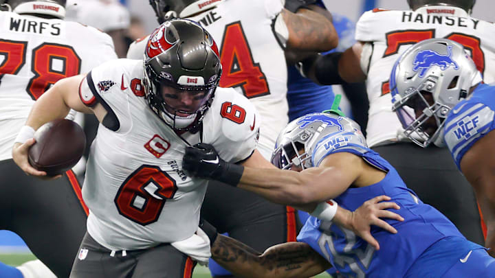 Detroit Lions safety Brian Branch sacks Tampa Bay Buccaneers quarterback Baker Mayfield during the first half against the Tampa Bay Buccaneers in the NFC Divisional Playoff at Ford Field in Detroit on Sunday, Jan. 21 2024.