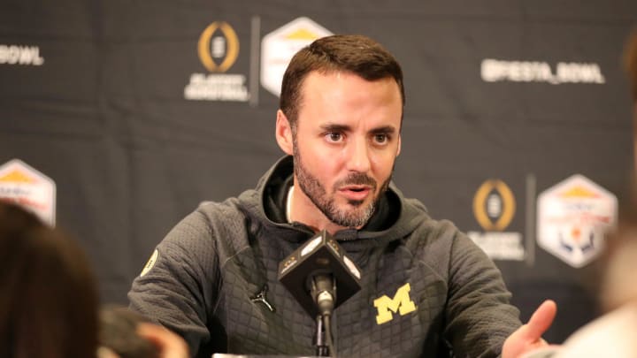 Michigan defensive coordinator Jesse Minter talks with reporters about the Fiesta Bowl against TCU on Wednesday, Dec. 28, 2022, in Scottsdale, Arizona.

Michfiesta1 122822 Kd 597