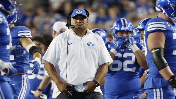 Sep 29, 2023; Provo, Utah, USA; Brigham Young Cougars head coach Kalani Sitake reacts in the second half against the Cincinnati Bearcats at LaVell Edwards Stadium. Mandatory Credit: Jeff Swinger-USA TODAY Sports