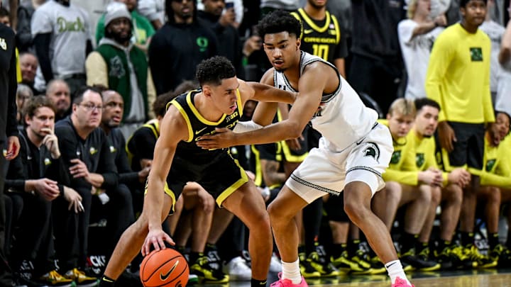 Michigan State's Jaden Akins, right, guards Oregon's Jackson Shelstad during the second half on Saturday, Feb. 8, 2025, at the Breslin Center East Lansing. Michigan State's Jaden Akins, right, guards Oregon's Jackson Shelstad during the second half on Saturday, Feb. 8, 2025, at the Breslin Center East Lansing.