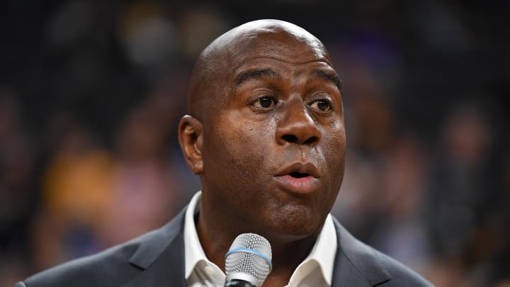 Oct 8, 2017; Las Vegas, NV, USA; President of Basketball Operations of the Los Angeles Lakers Earvin Magic Johnson speaks about the tragedy in Las Vegas before the start of a preseason game between the Los Angeles Lakers and the Sacramento Kings at T-Mobile Arena. Mandatory Credit: Stephen R. Sylvanie-USA TODAY Sports