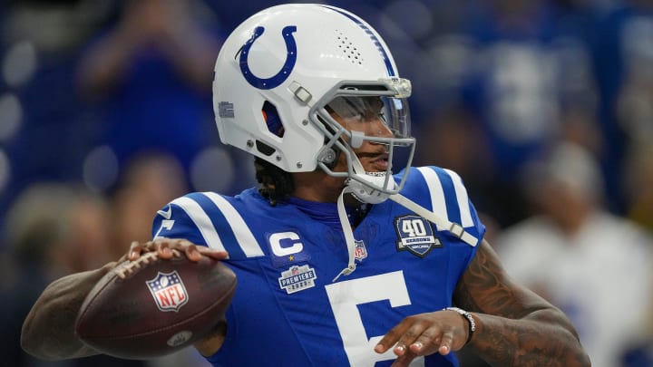 Indianapolis Colts quarterback Anthony Richardson (5) warms up before facing the Jacksonville Jaguars on Sunday, Sept. 10, 2023, at Lucas Oil Stadium in Indianapolis.