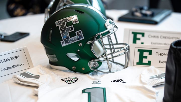 Eastern Michigan football helmet during the MAC football media day at Ford Field on Tuesday, July 20, 2021. Eastern Michigan football helmet during the MAC football media day at Ford Field on Tuesday, July 20, 2021.