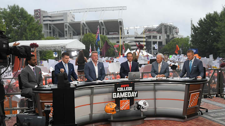 Desmond Howard, left, Reece Davis, Pat McAfee Nick Saban, Lee Corso, and Kirk Herbstreit live broadcast during ESPN Gameday near Williams-Brice Stadium in Columbia, S.C. Saturday, September 14, 2024.