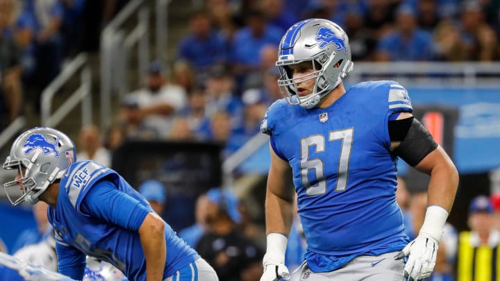 Detroit Lions offensive tackle Matt Nelson shifts into position for a play against the Philadelphia Eagles during the first half at Ford Field, Sept. 11, 2022. 