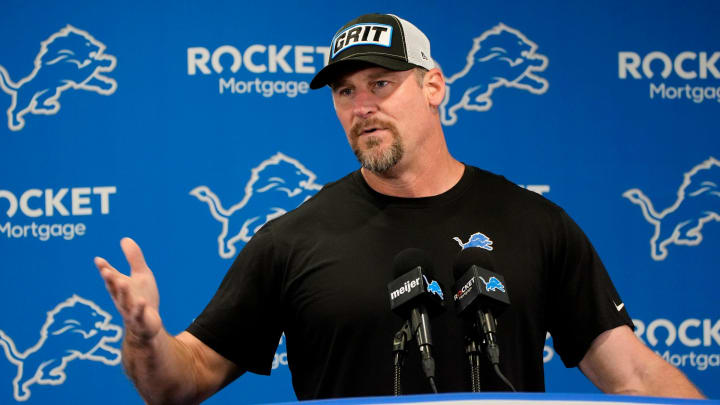 Detroit Lions head coach Dan Campbell talks with the media before the start of training camp at the Detroit Lions practice facility in Allen Park on Wednesday, July 24, 2024