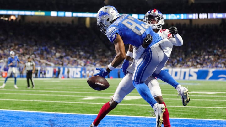 Detroit Lions wide receiver Dylan Drummond can't make a catch in the end zone against New York Giants cornerback Cor'Dale Flott (28) during the first half of a preseason game at Ford Field in Detroit on Friday, Aug. 11, 2023.