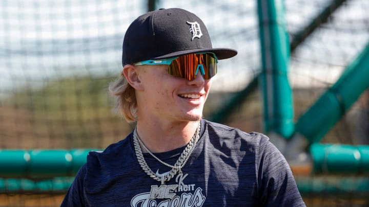 Detroit Tigers outfield prospect Max Clark works out during spring training at TigerTown in Lakeland, Florida, in February 2024.