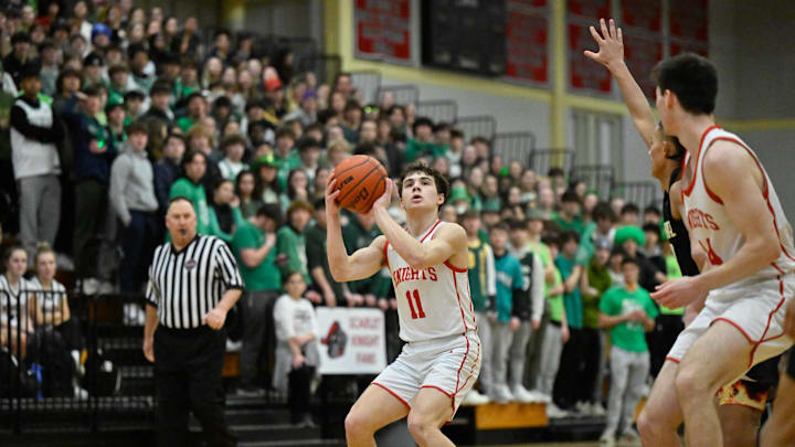 Zach Wolinski of North Andover focuses as he takes a shot during the MIAA Division 1 boys basketball Round of 16 state tournament game versus Springfield Central at North Andover High School on Tuesday, March 7, 2023. North Andover defeated Springfield Central 78-51.

11424156002p Ma Nan Boysbasketball1ds