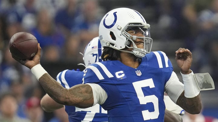 Indianapolis Colts quarterback Anthony Richardson (5) passes during the first half of the game against the Los Angeles Rams  at Lucas Oil Stadium.