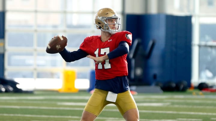 New Notre Dame enrollee CJ Carr throws a pass during practice Tuesday, Dec. 19, 2023, at the Irish Athletics Center in South Bend.