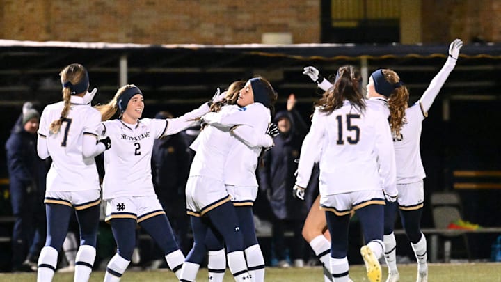 Notre Dame players celebrate after a goal by Maddie Mercado (3) in the NCAA Women   s Soccer Championship third round game Sunday, Nov. 20, 2022, at Alumni Stadium.

Ncaa Women S Soccer Championship Third Round Notre Dame Vs Tcu