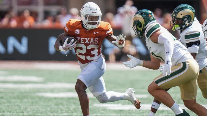 Texas Longhorns running back Jaydon Blue (23) runs with the ball as the Texas Longhorns take on Colorado State at Darrell K Royal-Texas Memorial Stadium in Austin Saturday, Aug. 31, 2024.