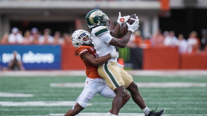 Texas Longhorns defensive back Jaylon Guilbeau (3) defends Colorado State Rams wide receiver Dylan Goffney (5) as the Texas Longhorns take on Colorado State at Darrell K Royal-Texas Memorial Stadium in Austin Saturday, Aug. 31, 2024.