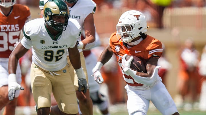 Aug 31, 2024; Austin, Texas, USA;  Texas Longhorns running back Jaydon Blue (23) carries the ball against the Colorado State Rams at Darrell K Royal-Texas Memorial Stadium. Mandatory Credit: Mikala Compton/American-Statesman-Imagn Images