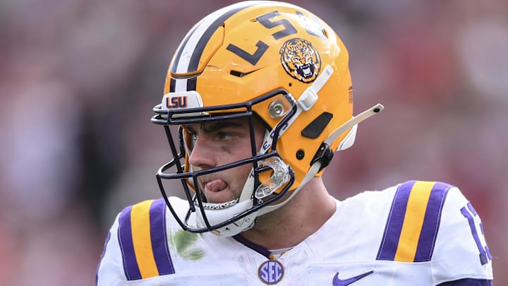 Louisiana State University quarterback Garrett Nussmeier (13) gets ready for an offensive drive against South Carolina during the fourth quarter at Williams-Brice Stadium in Columbia, S.C. Saturday, September 14, 2024.