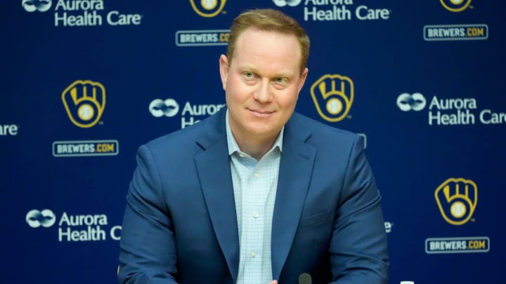 Senior Vice President and General Manager Matt Arnold speaks during an an end of season press conference at American Family Field in Milwaukee on Tuesday, Oct. 10, 2023.