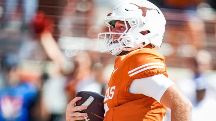 Texas quarterback Quinn Ewers (3) runs the ball in for the first touchdown of the game in the first quarter of the Longhorns' game against the Kansas Jayhawks, Saturday, Sept. 30 at Darrell K Royal-Texas Memorial Stadium in Austin.