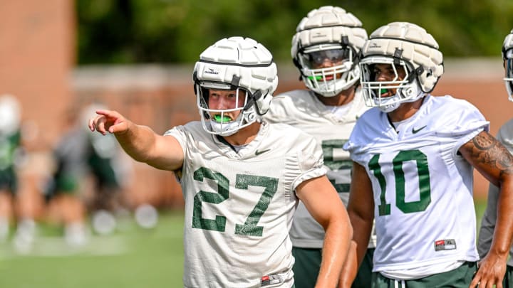 Michigan State's Cal Haladay runs a drill during the first day of football camp on Tuesday, July 30, 2024, in East Lansing.