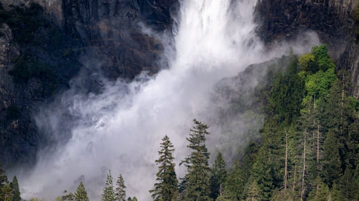 Mist from the base of Bridalveil Fall on Thursday, May 25, 2023 gathers behind trees in Yosemite National Park.