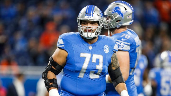 Detroit Lions guard Jonah Jackson warms up before the Denver Broncos game at Ford Field in Detroit on Saturday, Dec. 16, 2023.