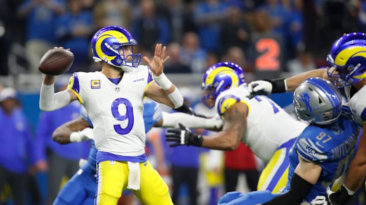 L.A. Rams quarterback Matthew Stafford looks to throw the ball in the first half against the Detroit Lions at Ford Field in Detroit on Sunday, Jan. 14, 2024.