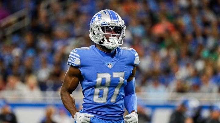 Sep 11, 2022; Detroit, Michigan, USA; Detroit Lions wide receiver Quintez Cephus (87) get in position for a kickoff against Philadelphia Eagles during the first half at Ford Field.

Nfl Philadelphia Eagles At Detroit Lions