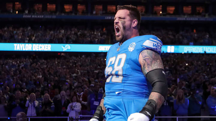 Detroit Lions offensive tackle Taylor Decker (68) takes the field during introduction before the between Detroit Lions and Carolina Panthers at Ford Field in Detroit on Sunday, Oct. 8, 2023.