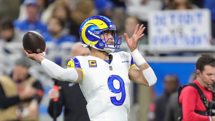 Rams quarterback Matthew Stafford during warmups before the NFC wild-card game at Ford Field on Sunday, Jan, 14, 2024.