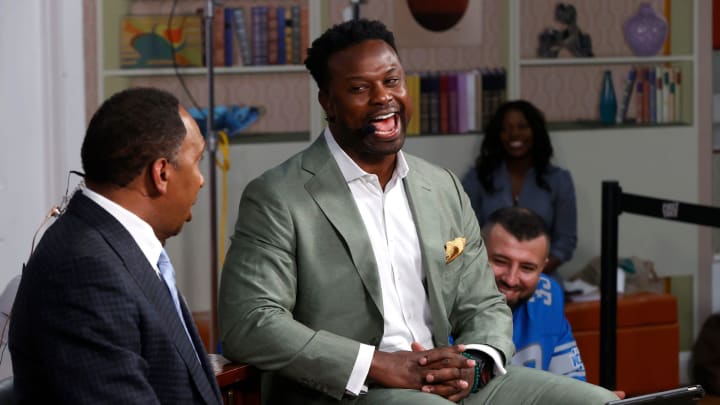 (L to R) Stephen A. Smith of the ESPN show First Take looks on as Bart Scott, a former Southeastern High School and NFL player, laughs at one of his points during their live broadcast from WGPR-TV broadcast museum in Detroit on Friday, September 9, 2022. The live show had a studio audience made up of Detroit sports fans listening to the two talk about football and other sports related topics.

Firsttake 090922 Es06