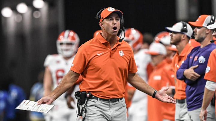 Aug 31, 2024; Atlanta, Georgia, USA; Clemson Tigers head coach Dabo Swinney reacts after a call by an official a during the first quarter of the 2024 Aflac Kickoff Game against the Georgia Bulldogs Bulldogs at Mercedes-Benz Stadium. Mandatory Credit: Ken Ruinard-USA TODAY Sports