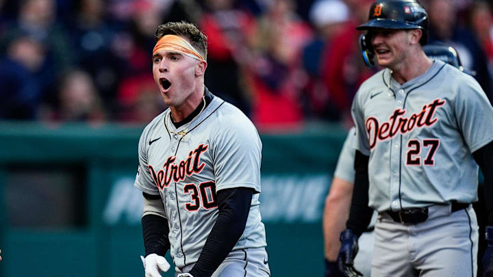 Detroit Tigers outfielder Kerry Carpenter (30) celebrates.