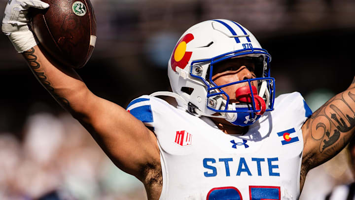 Colorado State's Avery Morrow throws his hands up in the endzone after scoring a touchdwon during a football game against UTEP on Saturday, Sept. 21, 2024 at Canvas Stadium in Fort Collins, Colo.