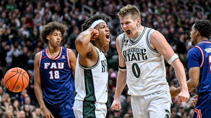 Michigan State's Jeremy Fears Jr., left, celebrates with Jaxon Kohler, right, after Fears' score and a Florida Atlantic foul during the first half on Saturday, Dec. 21, 2024, in East Lansing. Michigan State's Jeremy Fears Jr., left, celebrates with Jaxon Kohler, right, after Fears' score and a Florida Atlantic foul during the first half on Saturday, Dec. 21, 2024, in East Lansing.
