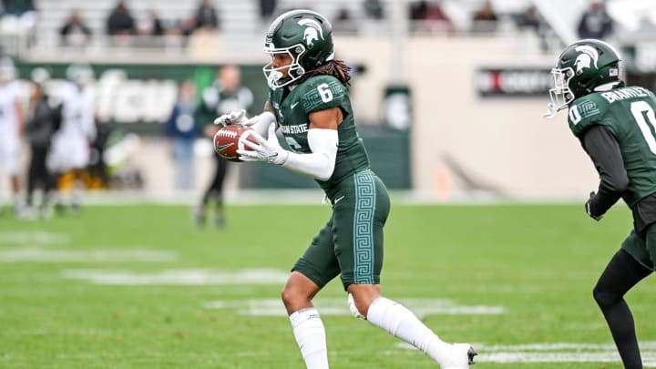 Michigan State's Ade Willie runs a drill during the Spring Showcase on Saturday, April 20, 2024, at Spartan Stadium in East Lansing.