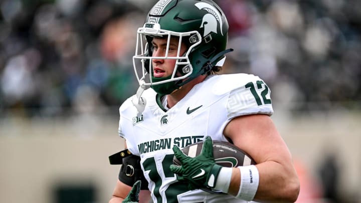 Michigan State's Jack Velling participate in a drill during the Spring Showcase on Saturday, April 20, 2024, at Spartan Stadium in East Lansing.