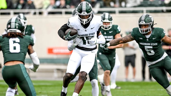 Michigan State's Nick Marsh runs after a catch during the Spring Showcase on Saturday, April 20, 2024, at Spartan Stadium in East Lansing.