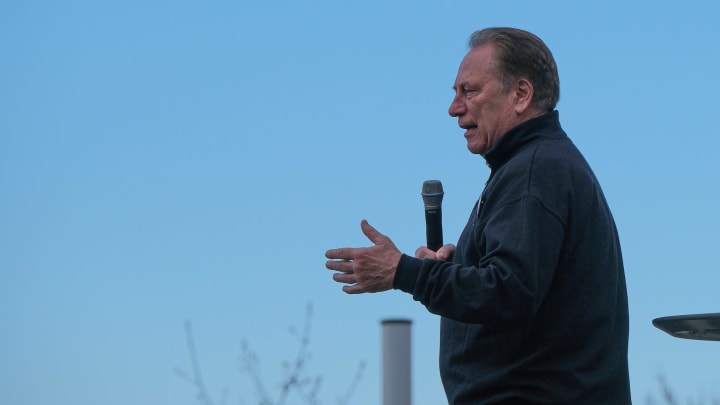 Tom Izzo speaks to and fires up the approximately 5,000 participants in the Izzo Legacy Run/Walk/Roll 5K at Michigan State Saturday, April 20, 2024.