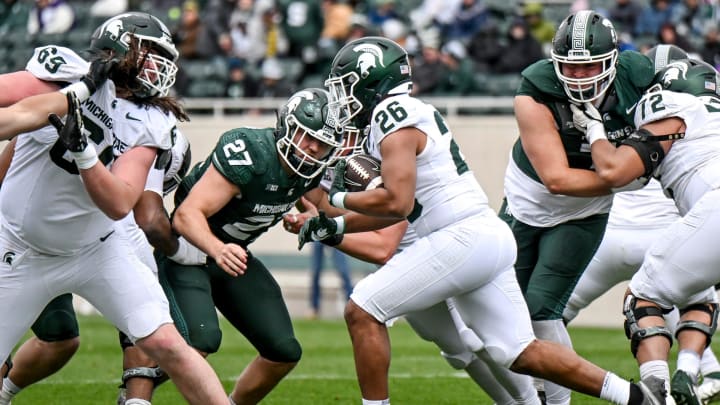Michigan State's Chris Williams runs the ball during the Spring Showcase on Saturday, April 20, 2024, at Spartan Stadium in East Lansing.