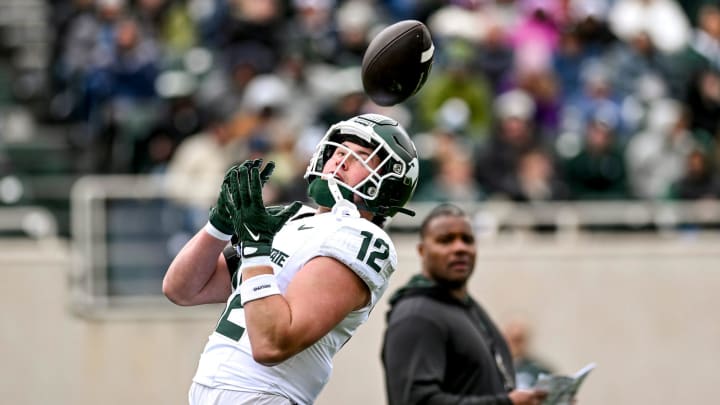 Michigan State's Jack Velling catches a pass during the Spring Showcase on Saturday, April 20, 2024, at Spartan Stadium in East Lansing.