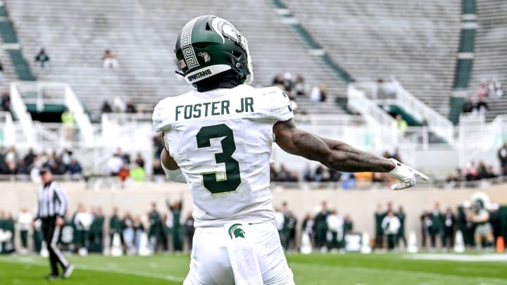 Michigan State's Montorie Foster Jr. celebrates after a first down catch during the Spring Showcase on Saturday, April 20, 2024, at Spartan Stadium in East Lansing.